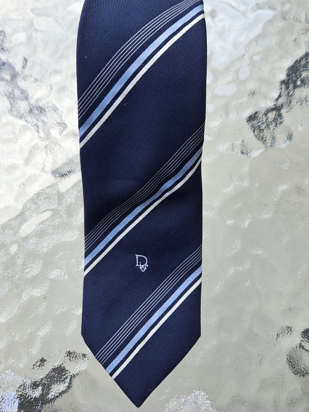 Dior Navy Tie with Light Blue and White Stripes